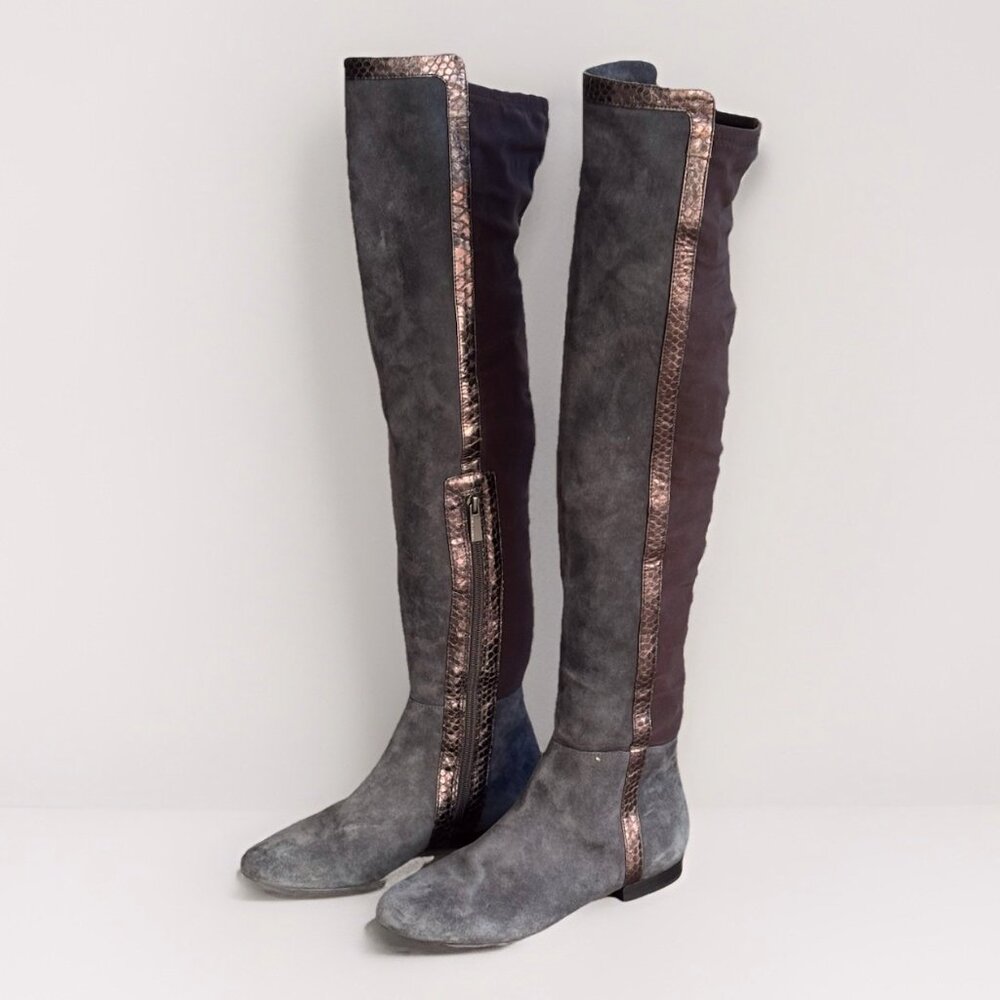 Vince Camuto Gray Suede Filtra Over The Knee Boots Women’s 6 Bronze Snake Trim